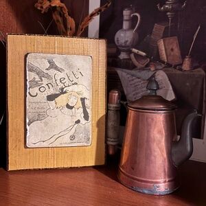 VTG Copper & brass Teapot & 1894 Confetti art plaque